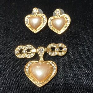 Richelieu Vintage Elegant Gold Pearl rhinestone Heart brooch earring Jewelry Set